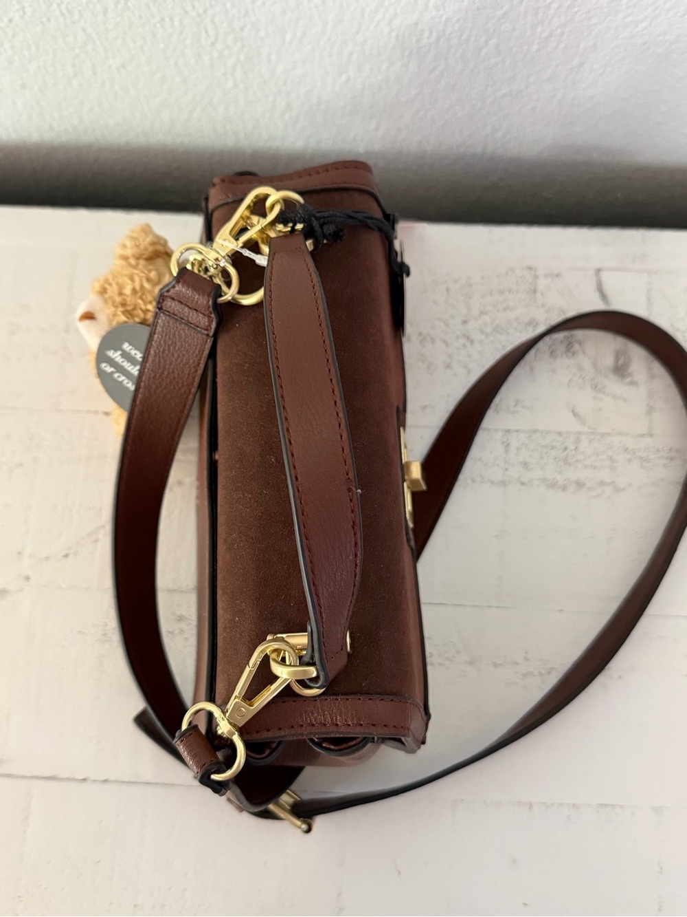 BCBGeneration Chocolate Brown Teddy Bear Charm Top Handle Crossbody Bag - Picture 8 of 14
